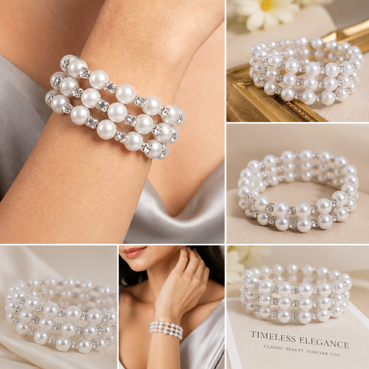 Luxury Triple-Layer Pearl Bracelet for Women | Crystal Accent Stretch Bracelet | Elegant Bridal & Party Jewellery