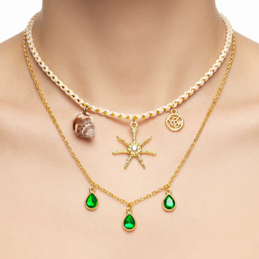 Luxury Ocean Charm Layered Necklace for Women | Gold Sunburst, Shell & Emerald Green Crystal Pendant Necklace | Anti-Tarnish Jewellery