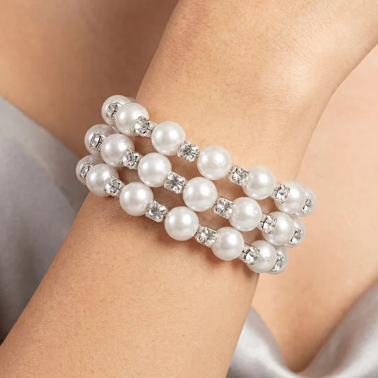 Luxury Triple-Layer Pearl Bracelet for Women | Crystal Accent Stretch Bracelet | Elegant Bridal & Party Jewellery