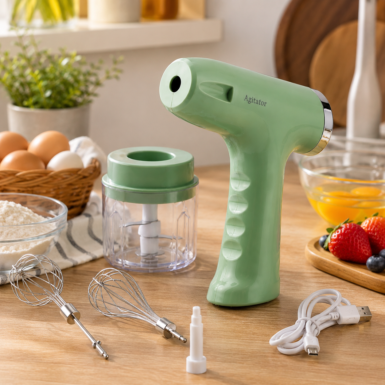 3-in-1 USB Rechargeable Electric Egg Beater | Handheld Milk Frother, Egg Whisk & Food Chopper | Portable Kitchen Mixer