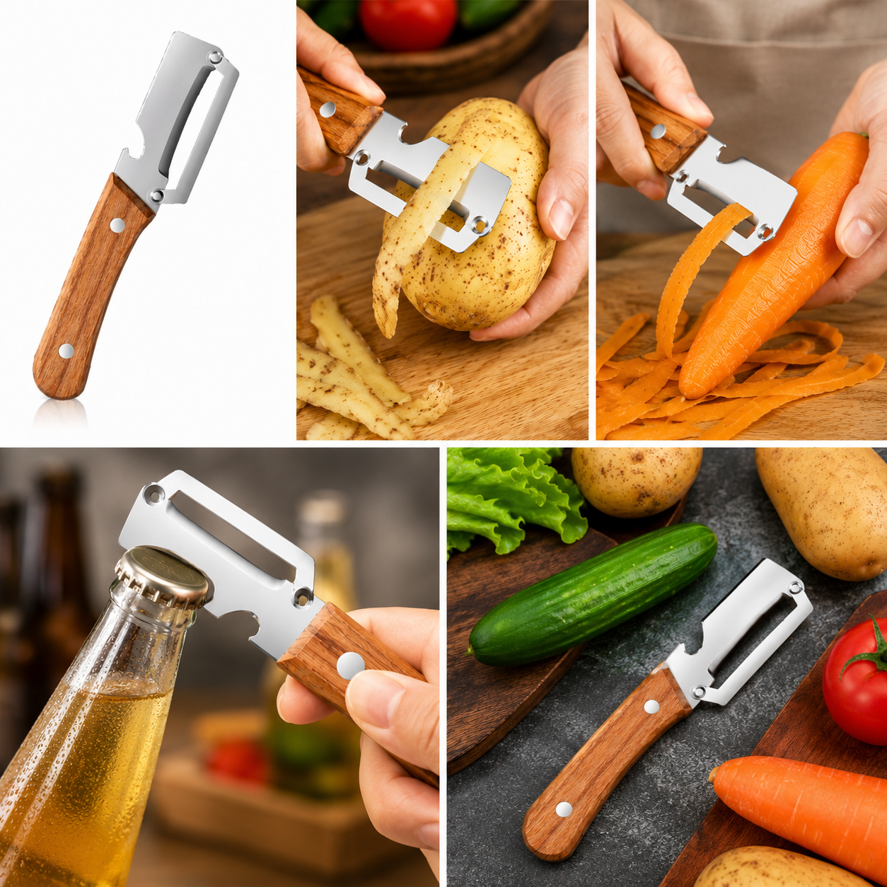Premium 2-in-1 Vegetable & Fruit Peeler with Wooden Handle Ultra Sharp Stainless Steel Blade Built-in Bottle Opener Heavy Duty Kitchen Tool