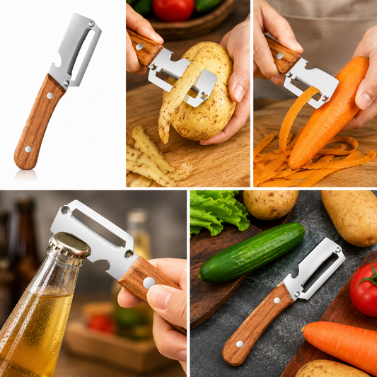 Premium 2-in-1 Vegetable & Fruit Peeler with Wooden Handle Ultra Sharp Stainless Steel Blade Built-in Bottle Opener Heavy Duty Kitchen Tool