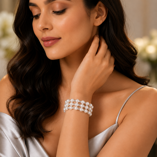 Luxury Triple-Layer Pearl Bracelet for Women | Crystal Accent Stretch Bracelet | Elegant Bridal & Party Jewellery