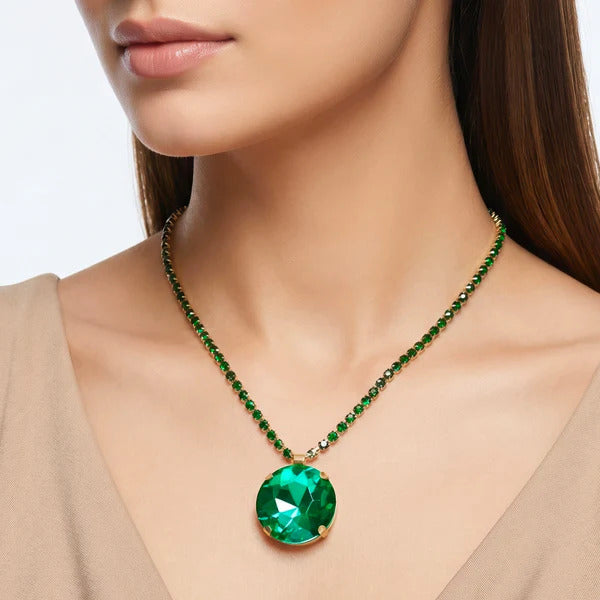Luxury Anti-Tarnish Emerald Crystal Pendant Necklace for Women | Oversized Green Gemstone Statement Necklace