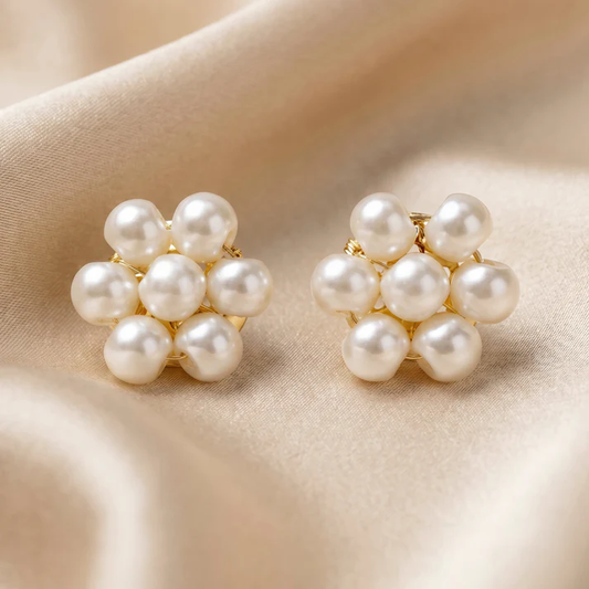 Elegant Floral Pearl Stud Earrings for Women | Luxury Ivory Pearl Flower Earrings | Gold-Tone Lightweight Fashion Jewellery