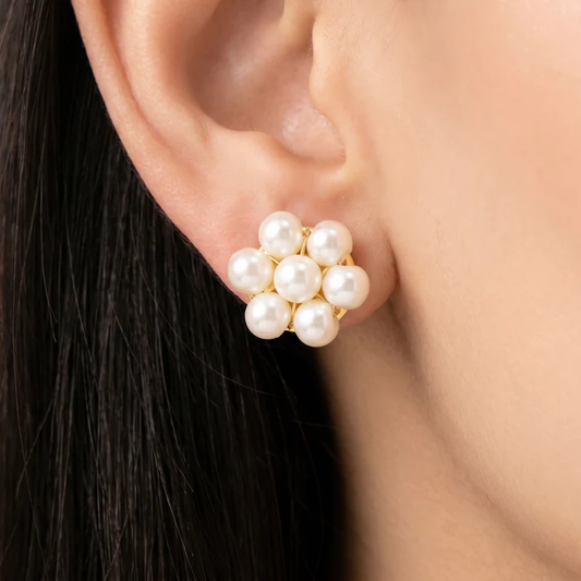 Elegant Floral Pearl Stud Earrings for Women | Luxury Ivory Pearl Flower Earrings | Gold-Tone Lightweight Fashion Jewellery