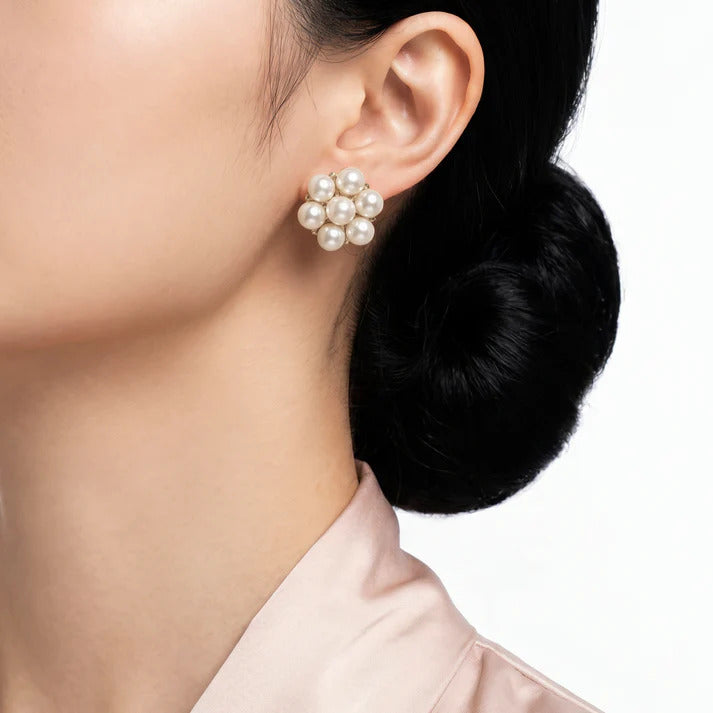 Elegant Floral Pearl Stud Earrings for Women | Luxury Ivory Pearl Flower Earrings | Gold-Tone Lightweight Fashion Jewellery