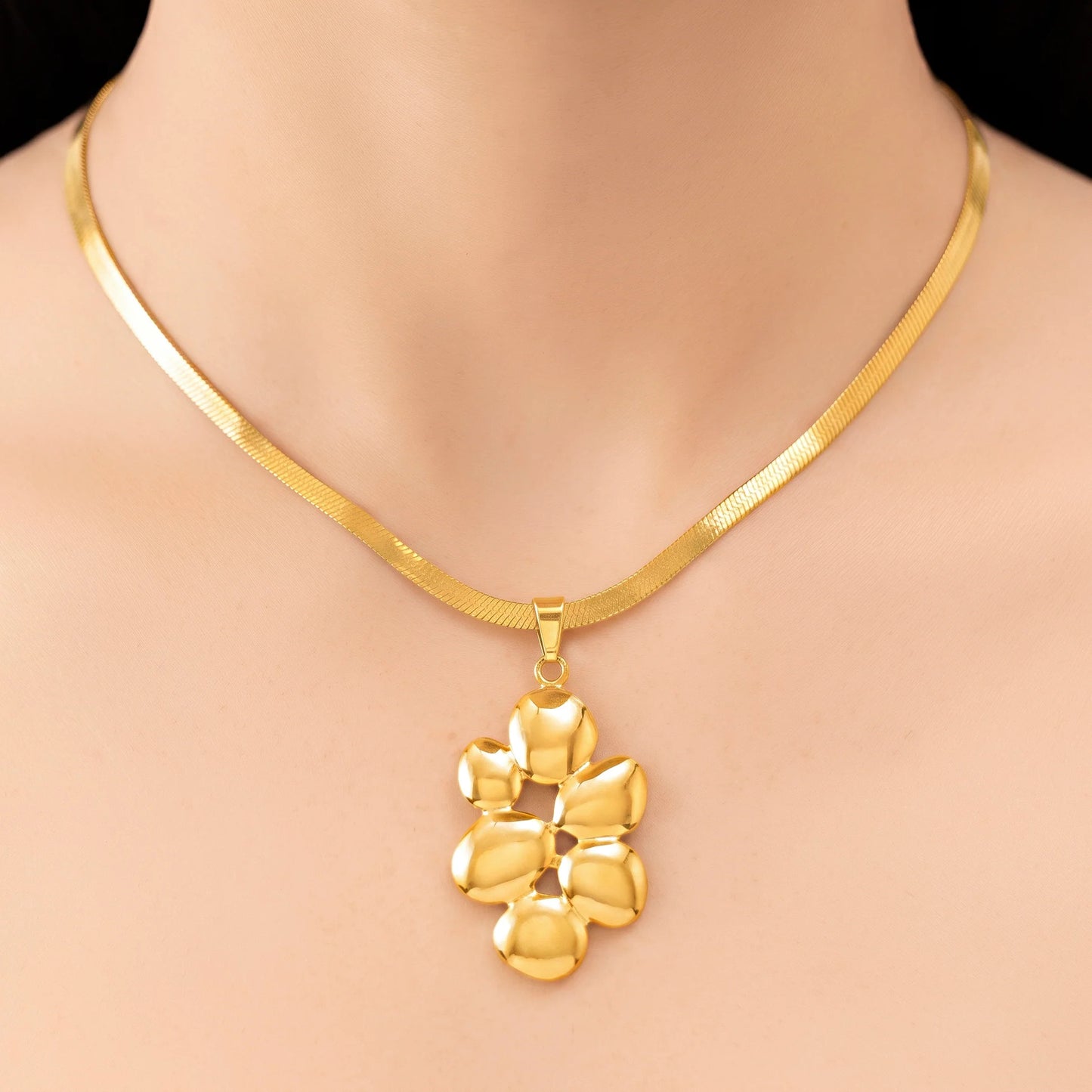 Luxury Gold Abstract Flower Pendant Necklace for Women | Anti-Tarnish Herringbone Chain | Elegant Minimalist Jewellery