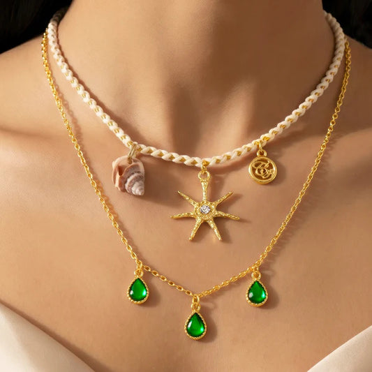 Luxury Ocean Charm Layered Necklace for Women | Gold Sunburst, Shell & Emerald Green Crystal Pendant Necklace | Anti-Tarnish Jewellery