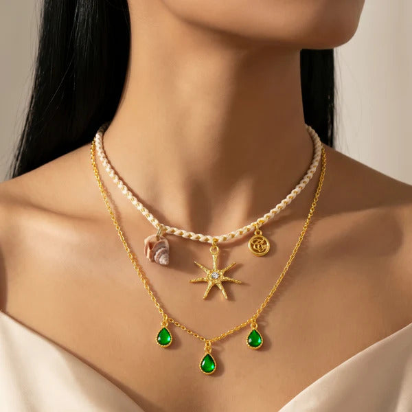 Luxury Ocean Charm Layered Necklace for Women | Gold Sunburst, Shell & Emerald Green Crystal Pendant Necklace | Anti-Tarnish Jewellery