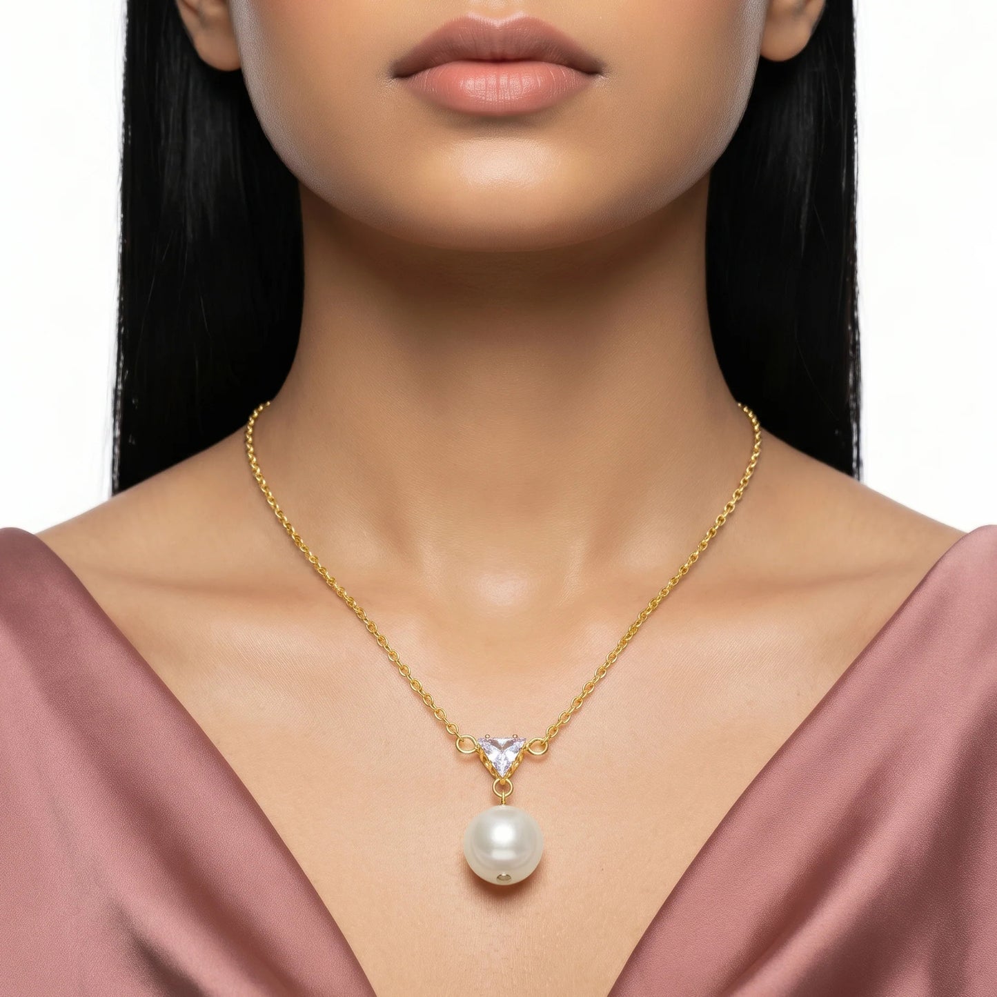 Luxury Pearl Drop Pendant Necklace for Women | Gold Chain with Triangle Crystal Pendant | Anti-Tarnish Elegant Jewellery