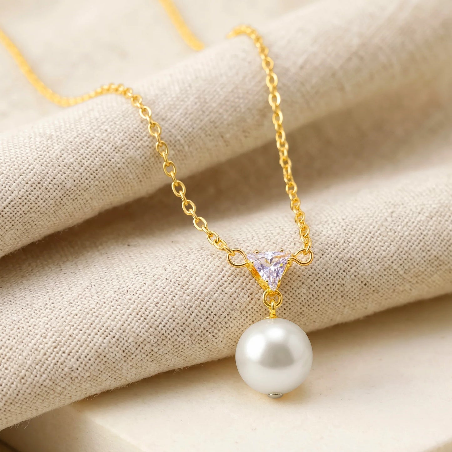 Luxury Pearl Drop Pendant Necklace for Women | Gold Chain with Triangle Crystal Pendant | Anti-Tarnish Elegant Jewellery